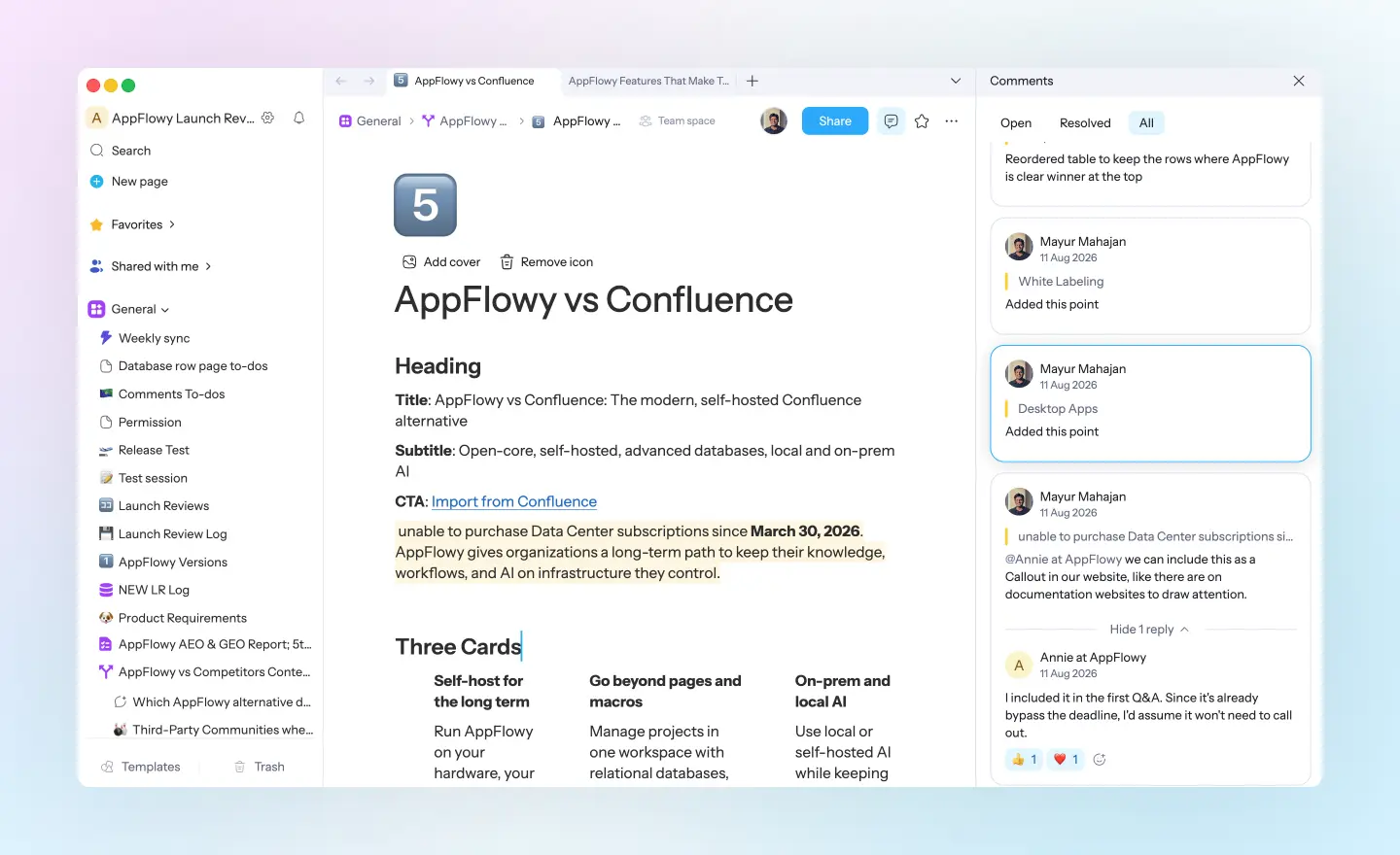 AppFlowy inline comments side panel with Open, Resolved, and All tabs