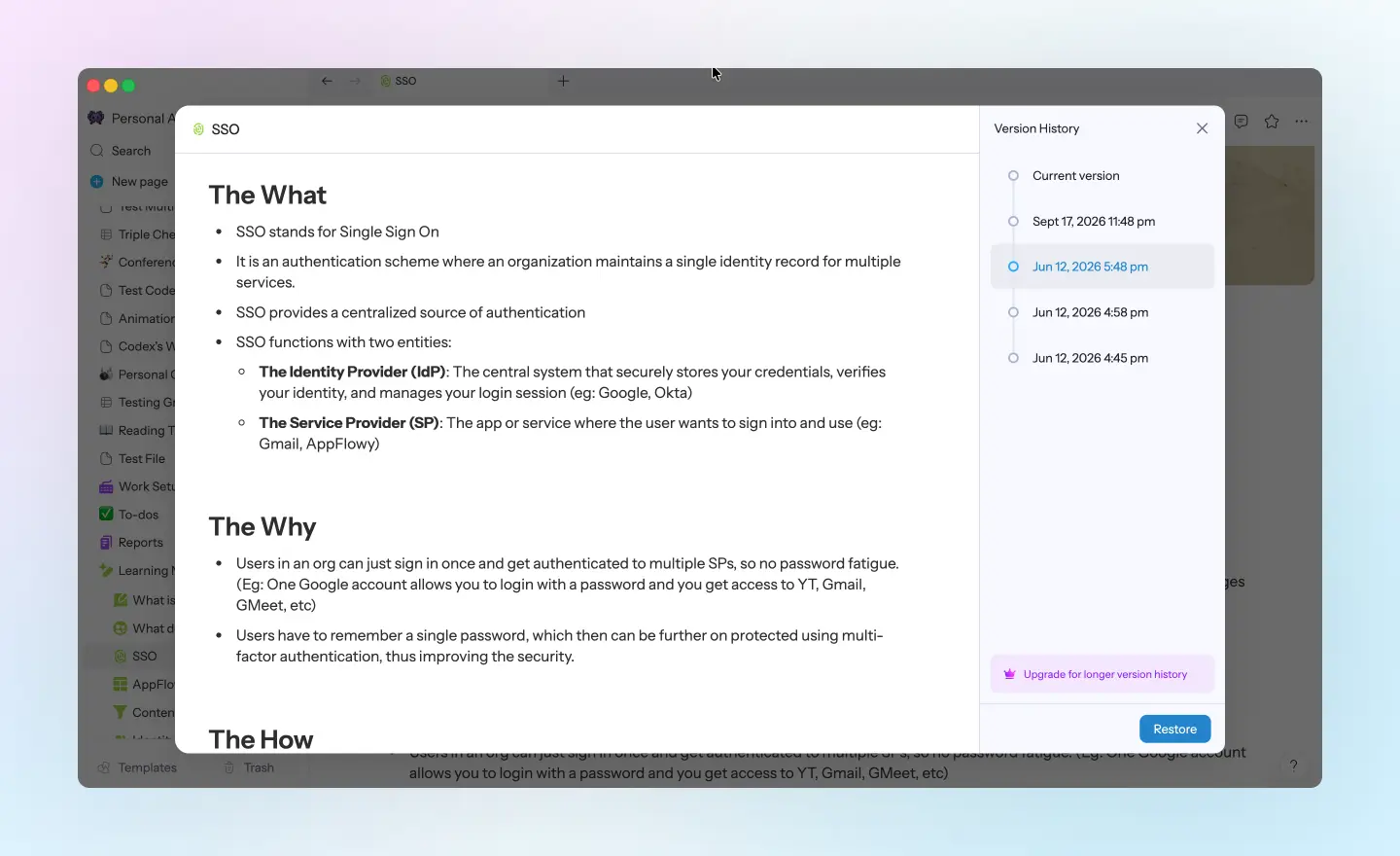 AppFlowy version history panel showing earlier versions of a page