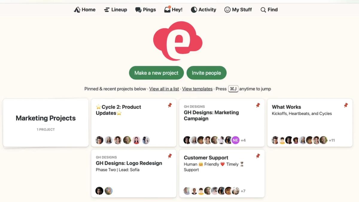 Basecamp home screen showing pinned and recent team projects