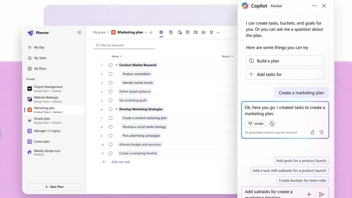 Microsoft Planner marketing plan with a task list and Copilot panel creating tasks and goals