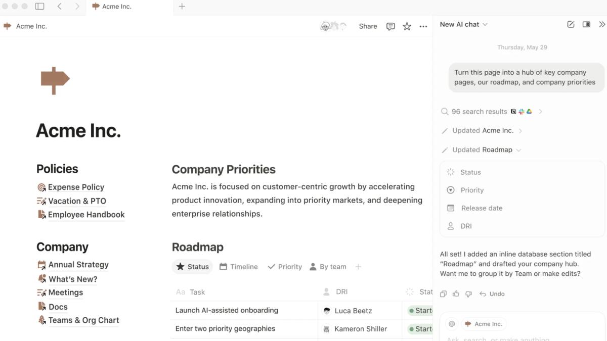 Notion company workspace combining policies, company pages, a roadmap database, and an AI chat panel