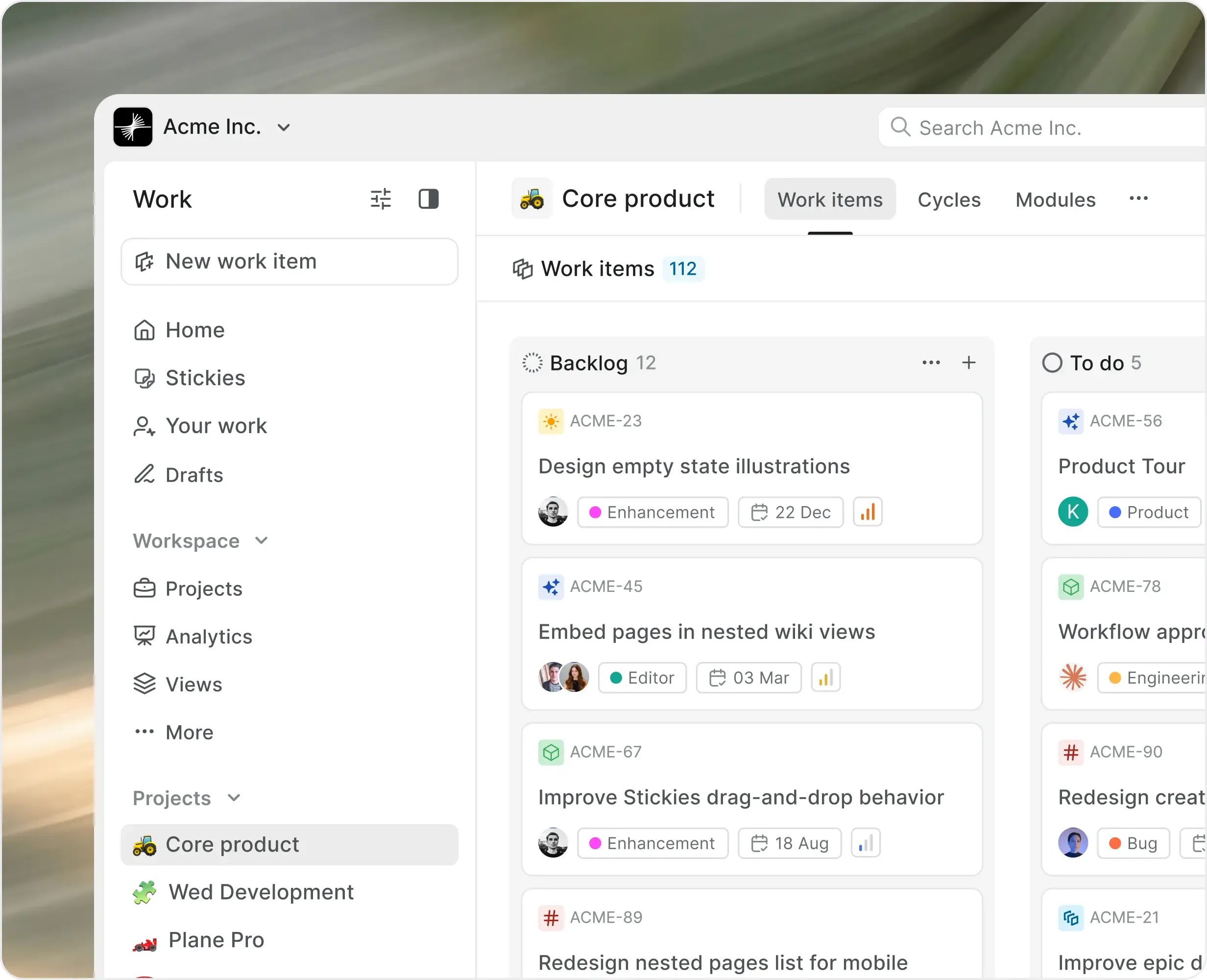 Plane project board organizing work items into backlog and status columns
