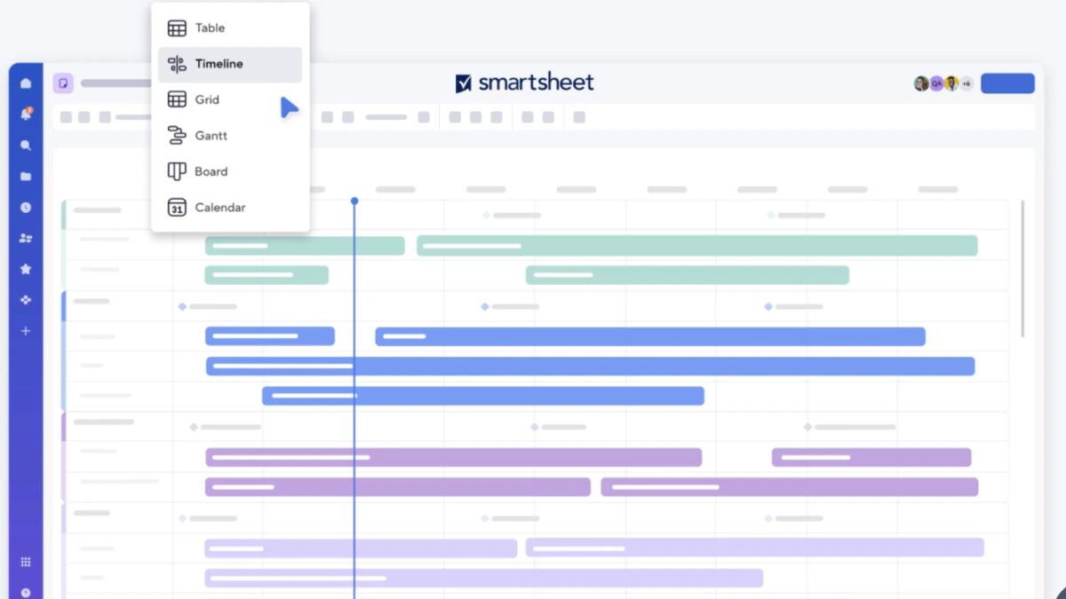 Smartsheet project displayed as a timeline with a view menu for Table, Timeline, Grid, Gantt, Board, and Calendar