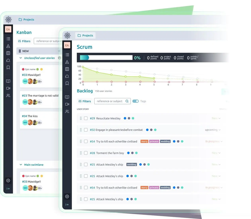 Taiga interface with overlapping Kanban and Scrum project views