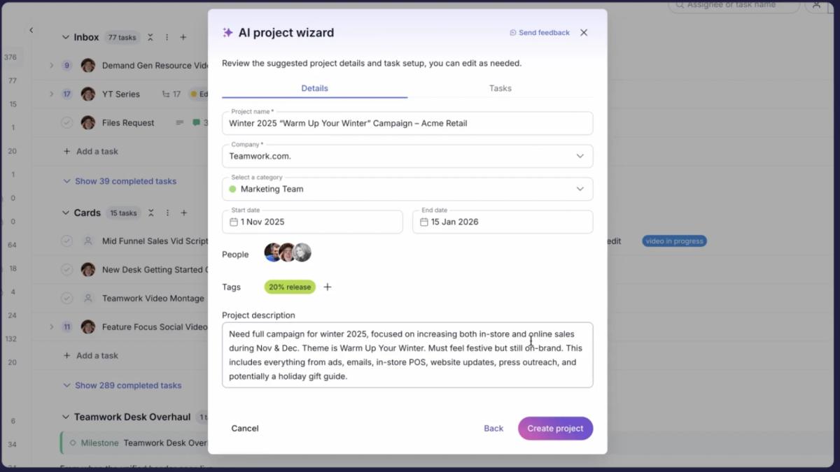 Teamwork AI project wizard suggesting project details, tasks, dates, people, and tags