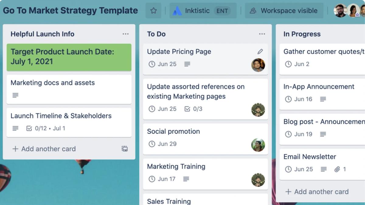 Trello go-to-market strategy board with Helpful Launch Info, To Do, and In Progress lists