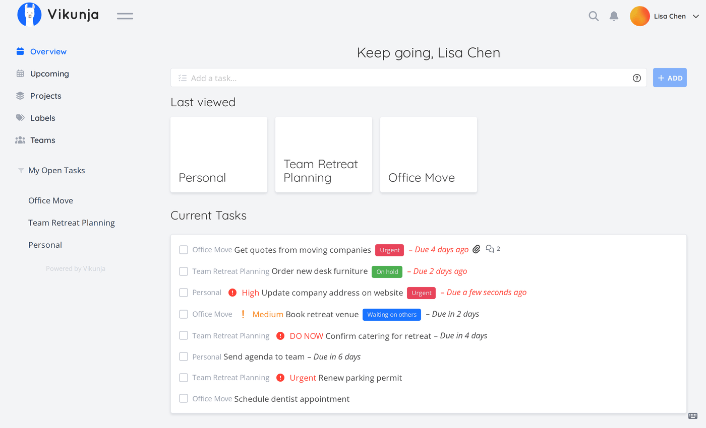 Vikunja overview dashboard showing projects, current tasks, labels, priorities, and due dates
