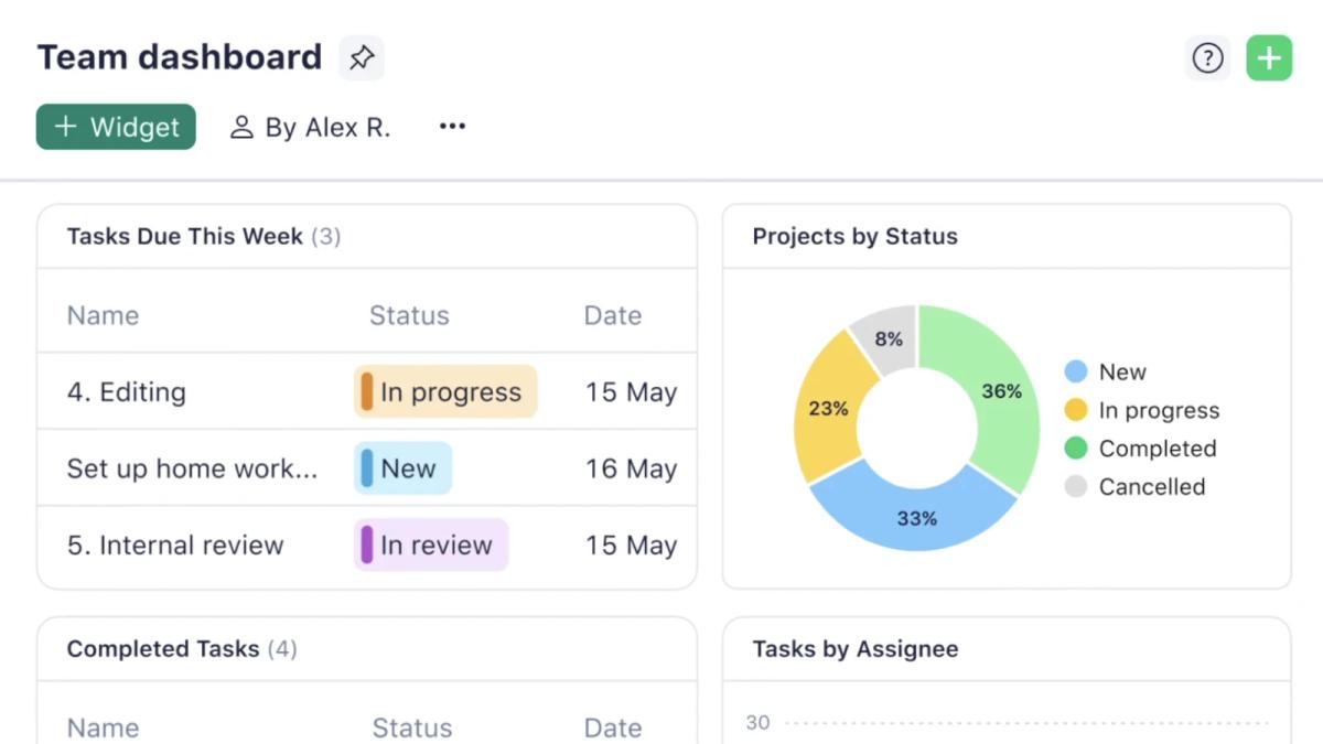 Wrike team dashboard with tasks due this week and project status charts