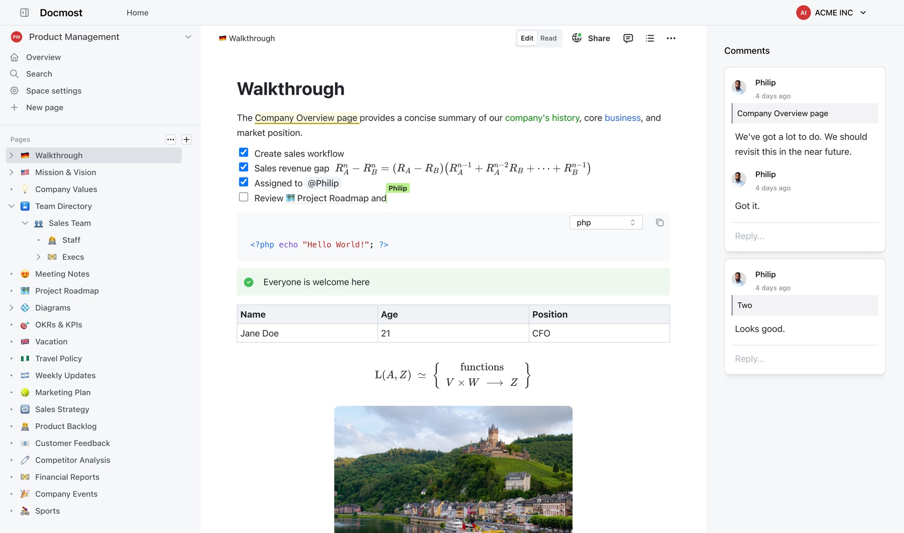 Docmost on-premises wiki editor with comments and page navigation