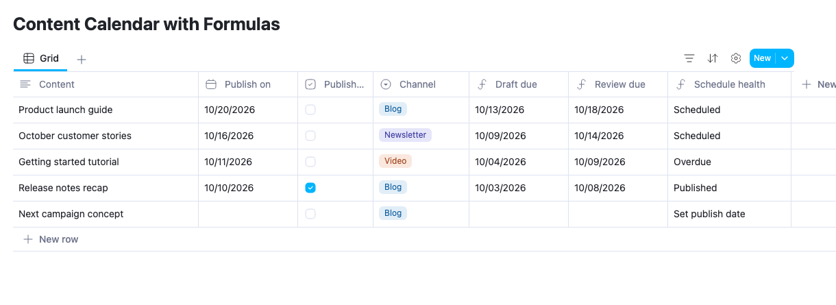 AppFlowy content calendar with calculated Draft due, Review due, and Schedule health properties