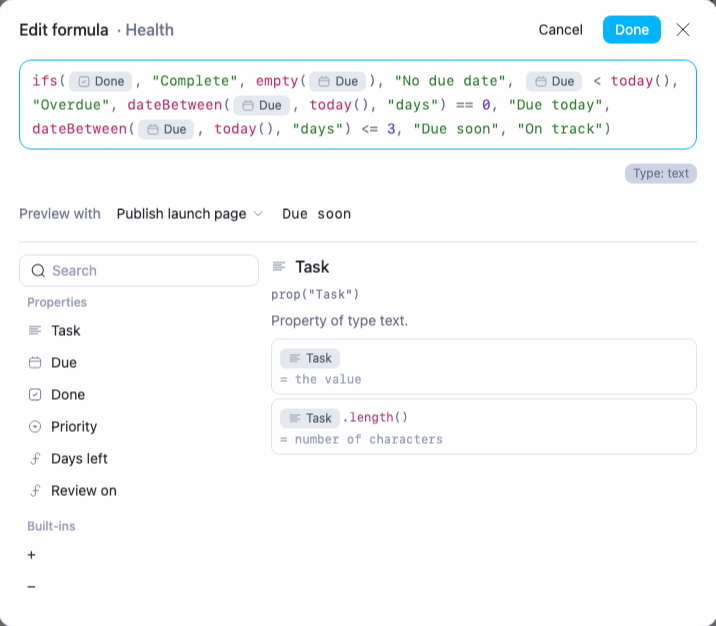 AppFlowy Health formula in the editor with a text result and row preview