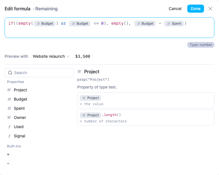 AppFlowy formula editor showing the Remaining budget expression with empty-budget handling