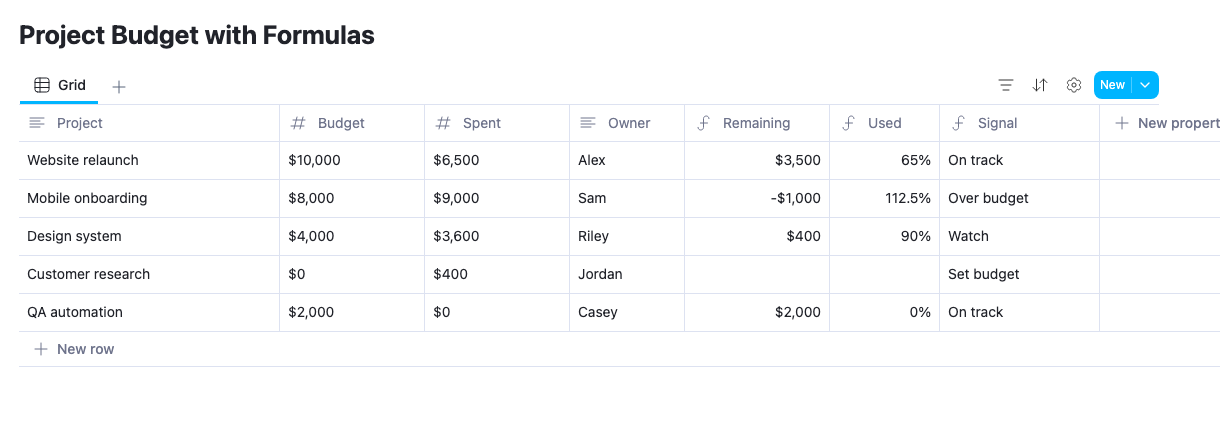 AppFlowy project budget tracker with currency balances, spending percentages, and budget status labels