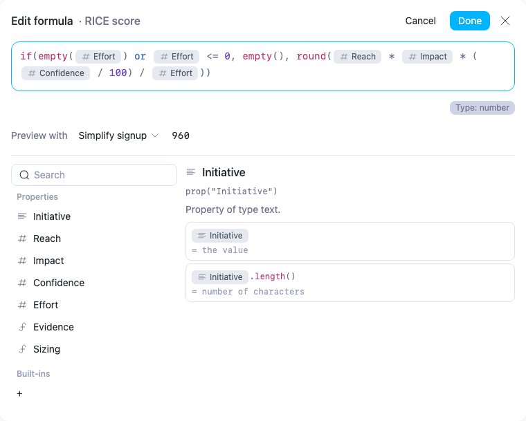 AppFlowy formula editor previewing a RICE score of 960 for Simplify signup