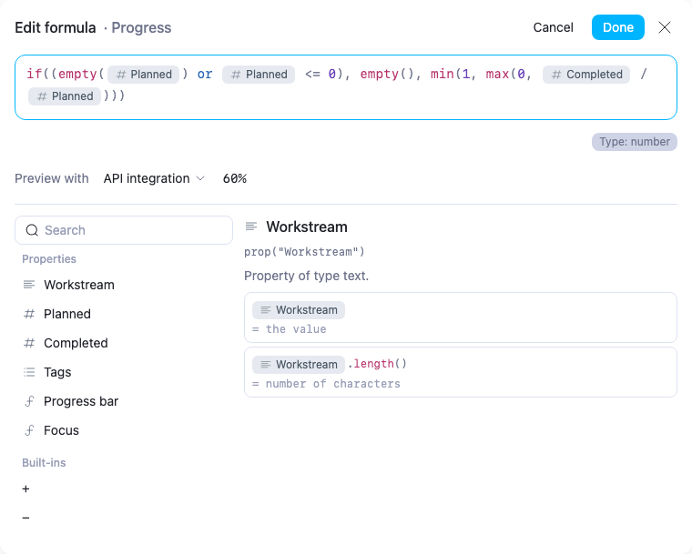 AppFlowy Progress formula editor showing a guarded completion ratio and a number preview