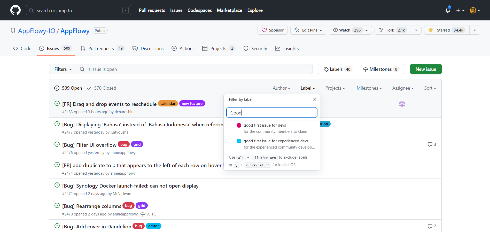AppFlowy Issues Section