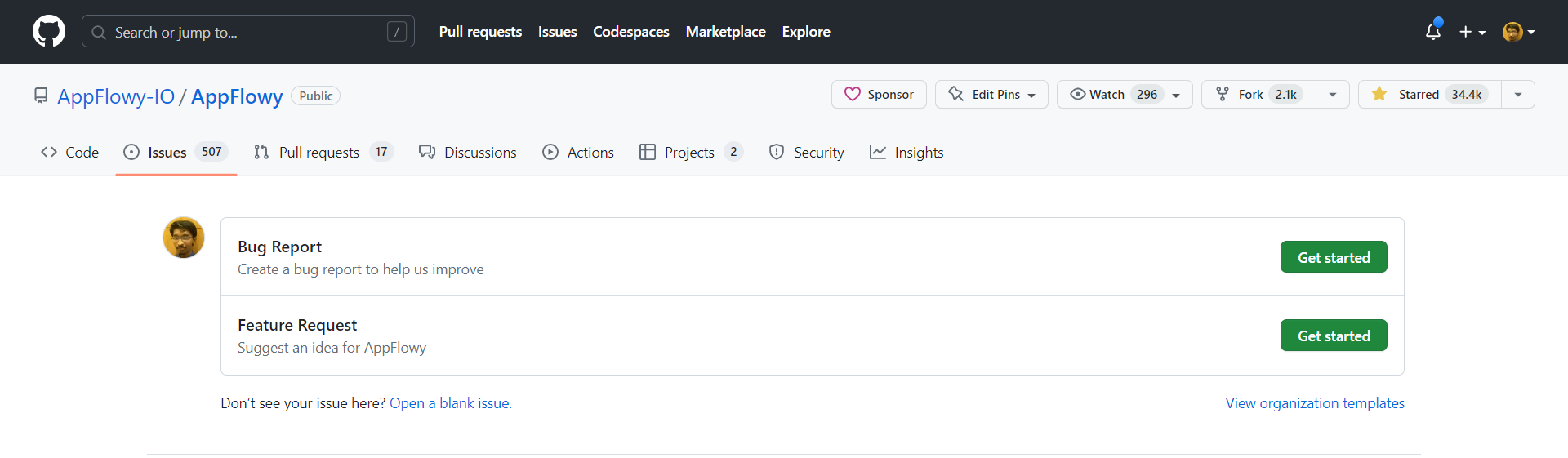AppFlowy Create New Issues Page