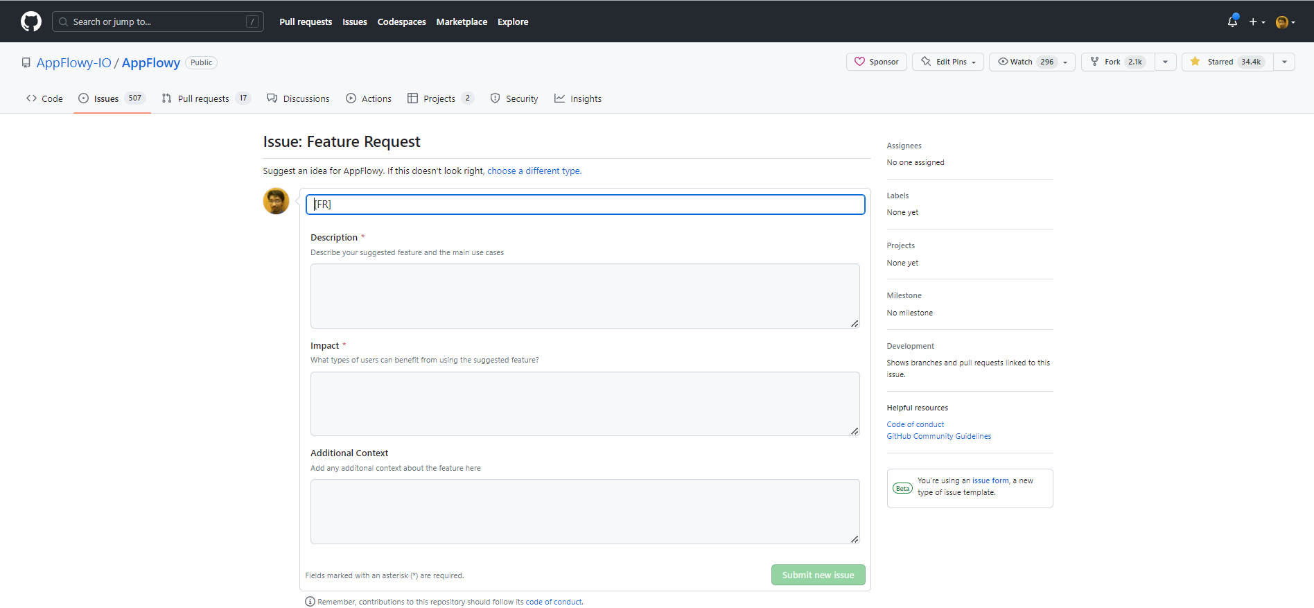AppFlowy Create New Feature Form